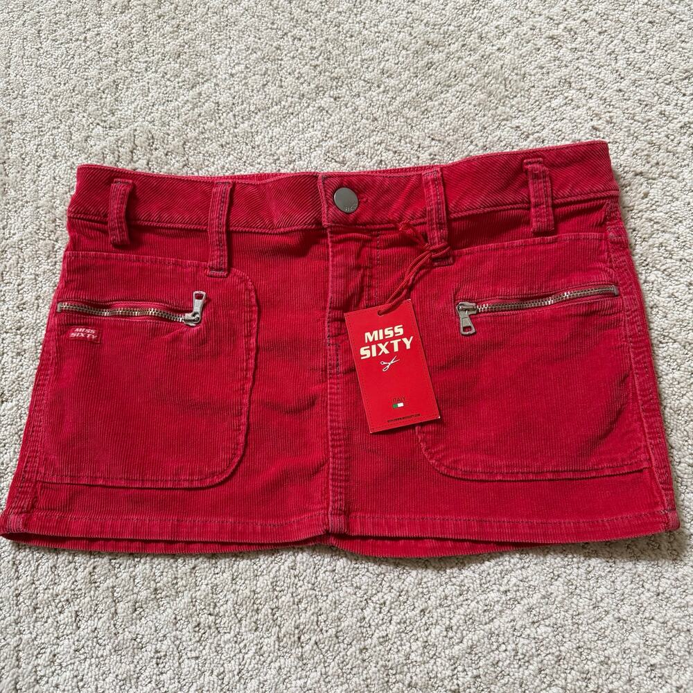 VTG Miss Sixty Red Corduroy Micro Mini Skirt NWT M fits XS Low Rise Y2K Italy
